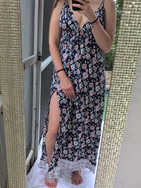 Lulu's Navy Floral Maxi Dress with Side Slit